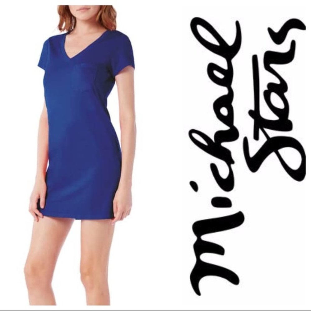 Michael Stars Blue V Neck Tee Dress With Front Pocket sz Small EUC